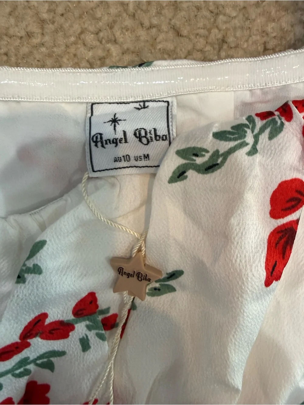 Angel Biba White Dress with Red Floral Print and Green Leaves